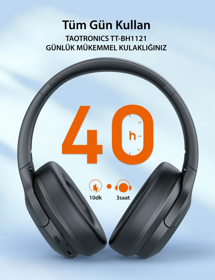 40 mm Sürücülü Kafaüstü Bluetooth Kulaklık 20 Saat Müzik BT 5.3 Siyah
