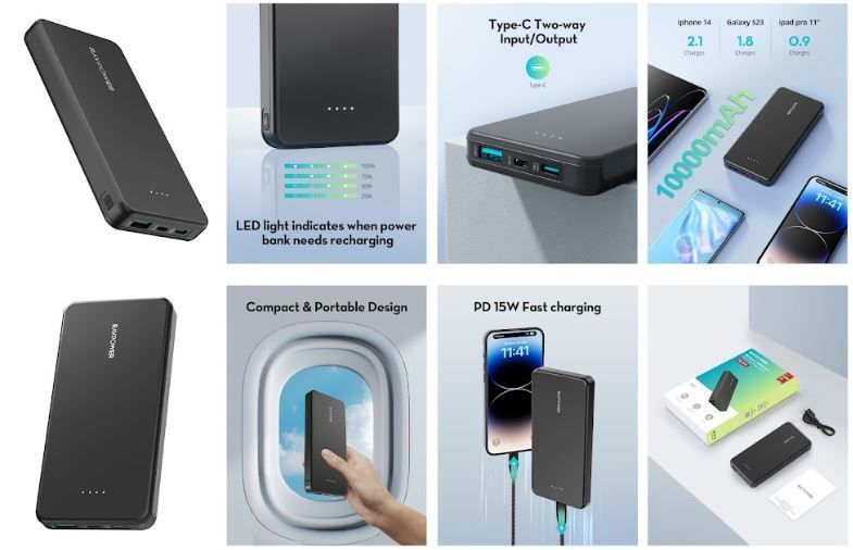 10.000mAh 15W 3 portlu 1A 1C 1Micro B İnce Siyah Powerbank