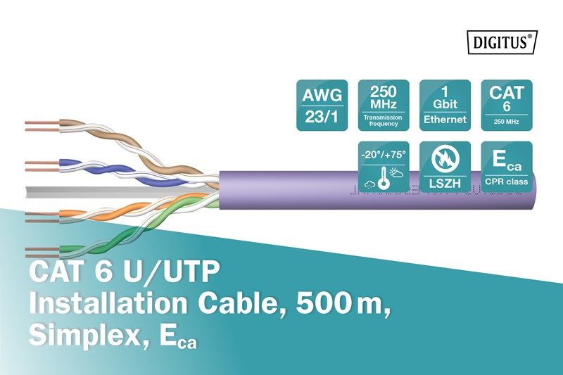 Digitus Cat6 Mor UTP Makara Kablo Saf Bakır (500m)